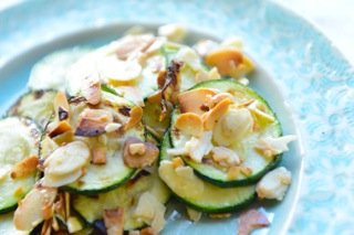Steamed salmon  with courgettes and almonds