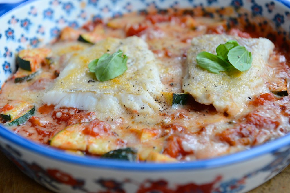 Cod Steaks with Courgette and Tomato Bake